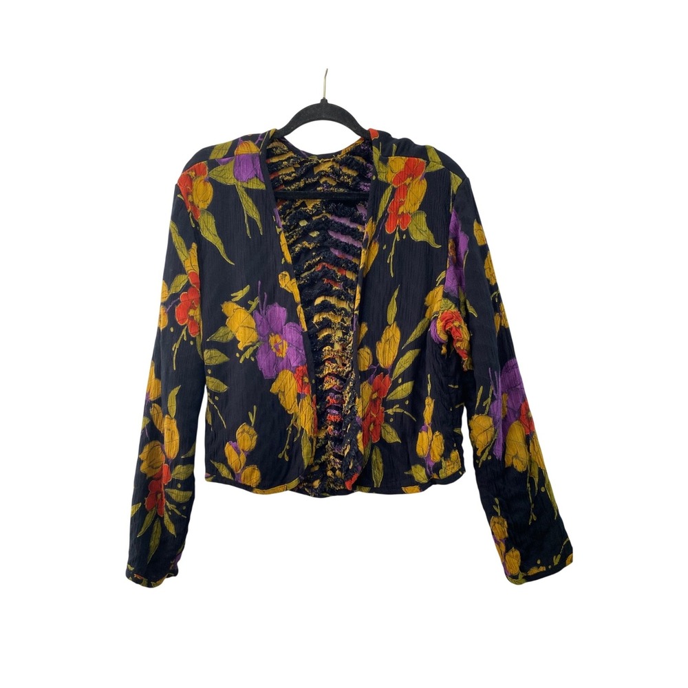 Unbranded Reversible‎ Quilted Jacket Women L Black Floral Art to Wear Fringe